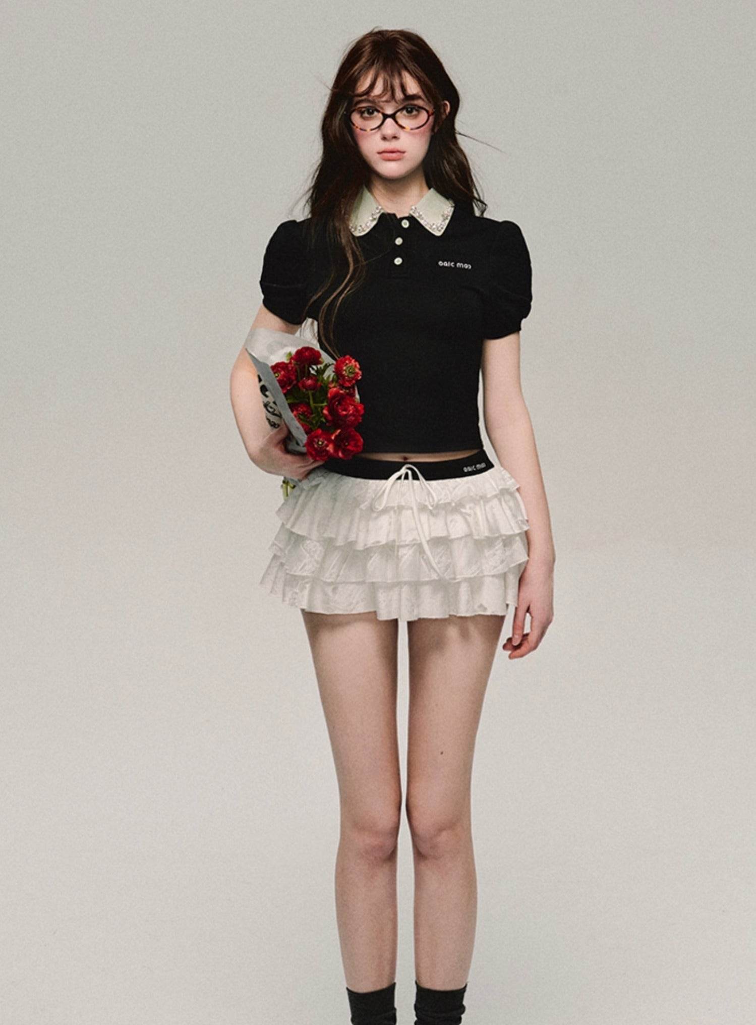 Polo Neck Short Sleeved Stretch Panelled Top - My Store