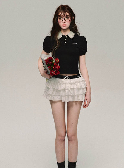 Polo Neck Short Sleeved Stretch Panelled Top - My Store
