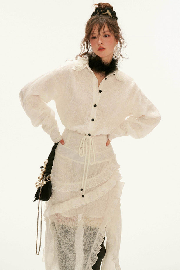 White Lace Slim Shirt Dress - My Store