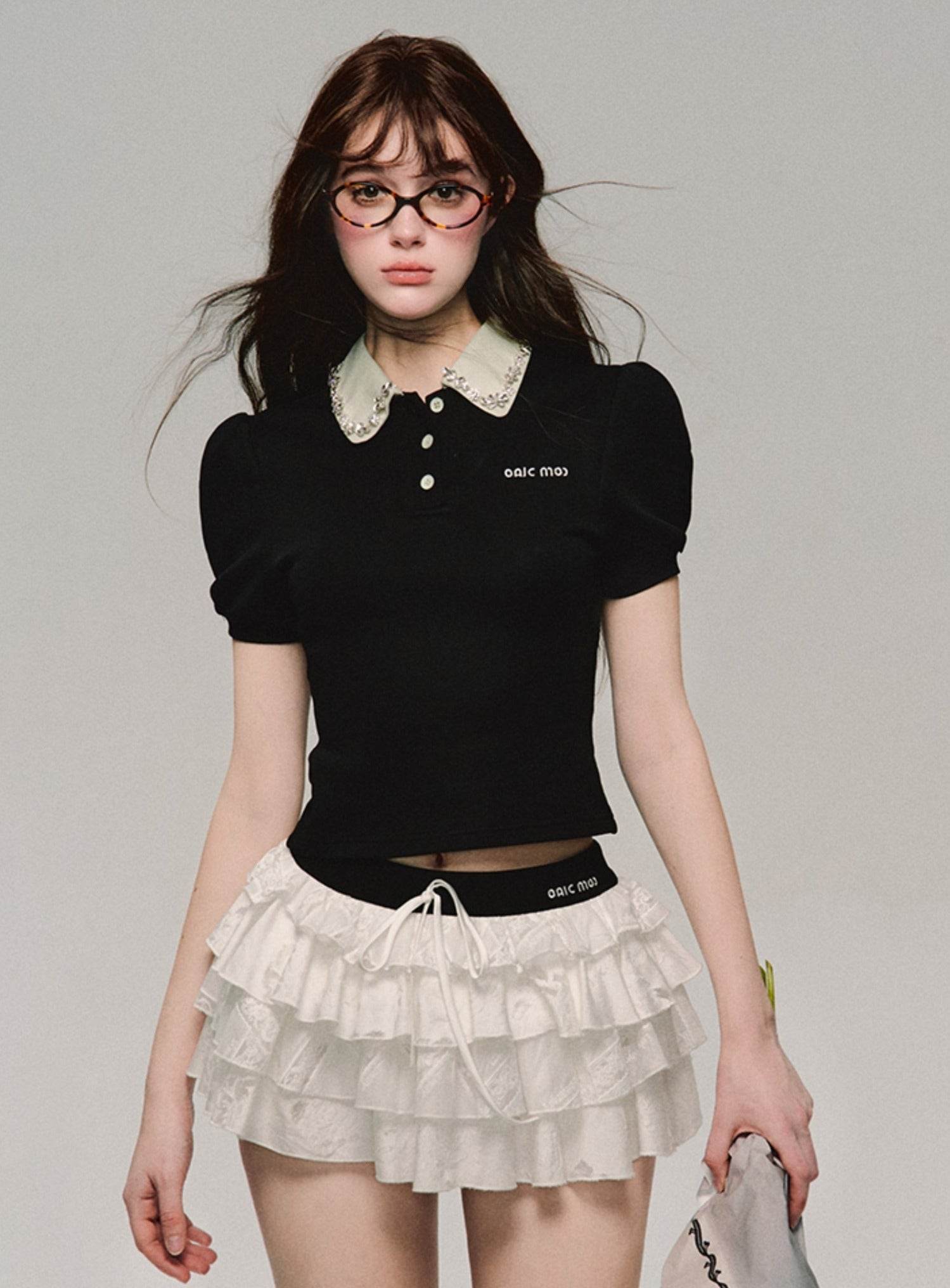 Polo Neck Short Sleeved Stretch Panelled Top - My Store