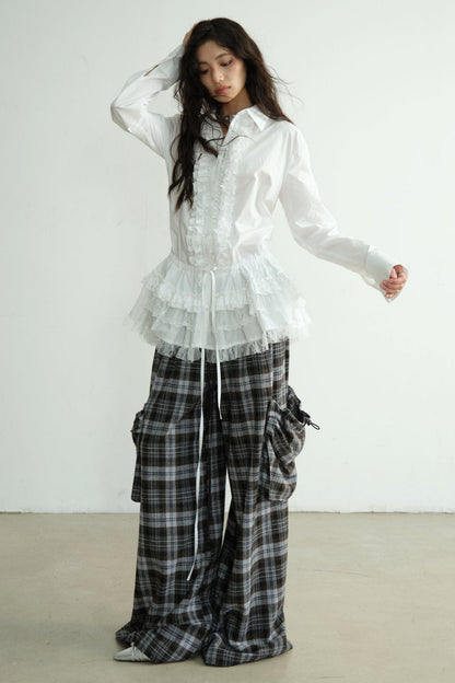 White Lace Tie-Waist Long Sleeve Blouse Top