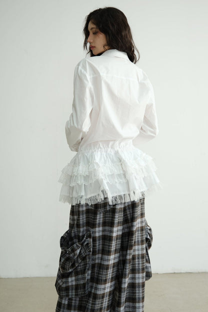 White Lace Tie-Waist Long Sleeve Blouse Top