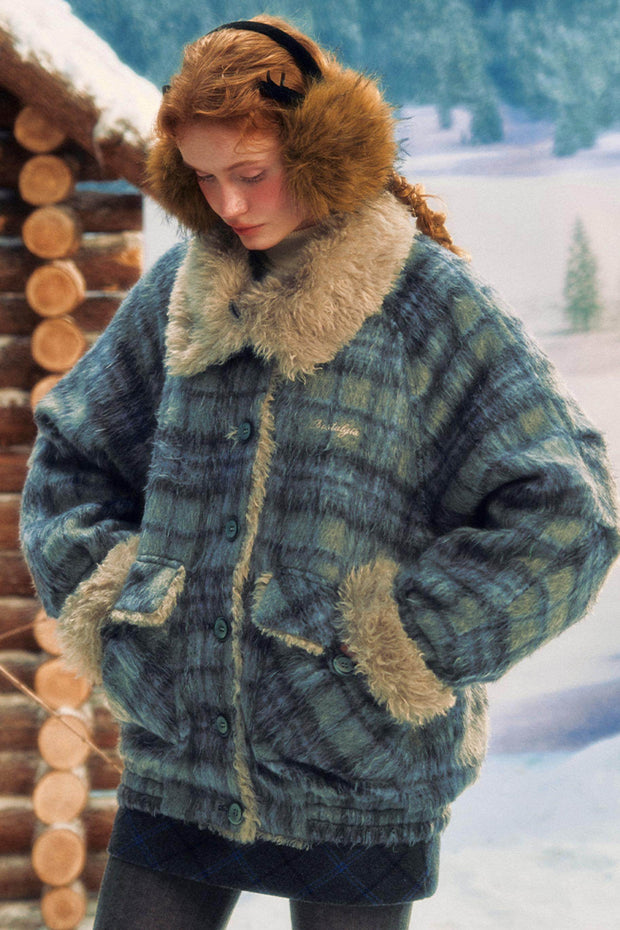 Blue Fur Plaid Winter Jacket - My Store