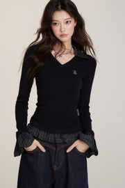 V-Neck Stitching Long Sleeve Top