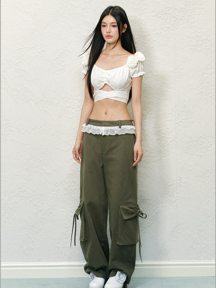 Lace Trim Pocket Bow Trouser Pants