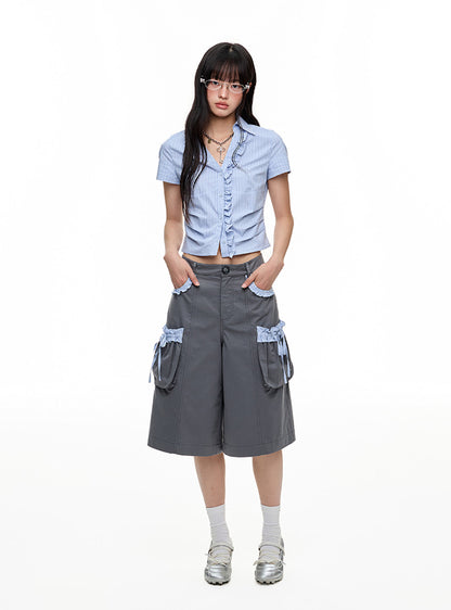 Stripe Pleated Two Layer Shorts & Pants Set