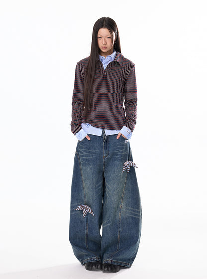 Wool Polo Collar Stripe Long Sleeve Top