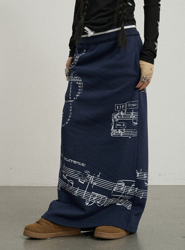 Music Note Pattern Banded Long Skirt (2color)