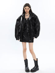 Drop Shoulder Faux Leather Bomber Jacket