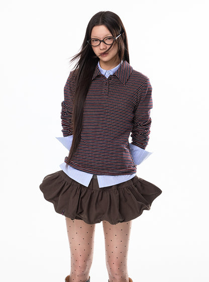 Wool Polo Collar Stripe Long Sleeve Top