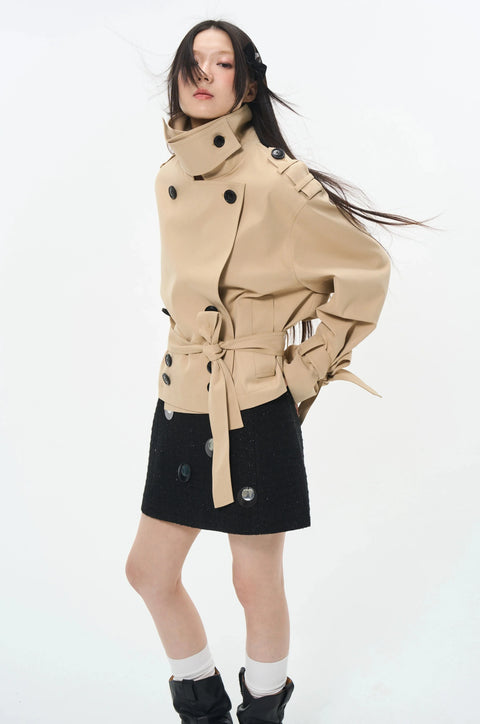 Overlapped Cropped Trench Coat with Belt