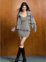 Collar Knitted Cardigan & Dress Set - My Store