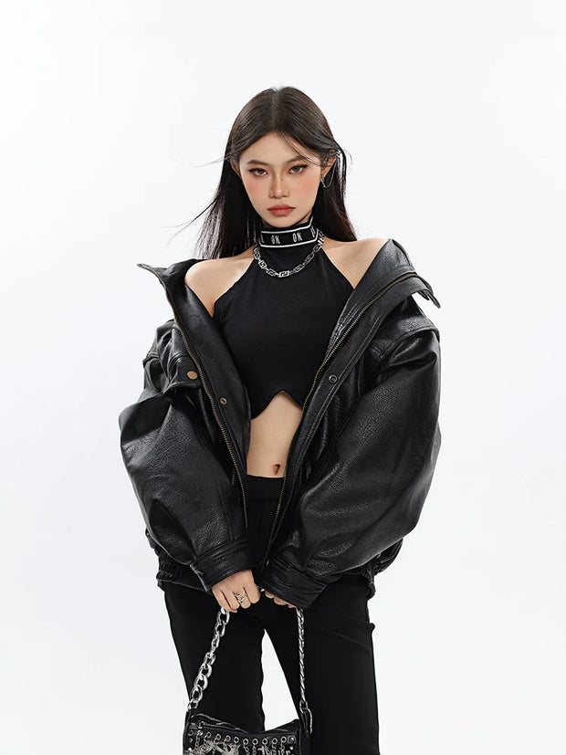 Drop Shoulder Faux Leather Bomber Jacket