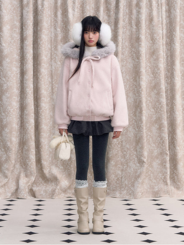 Pink Bow Tie Hooded Fur Baseball Jacket