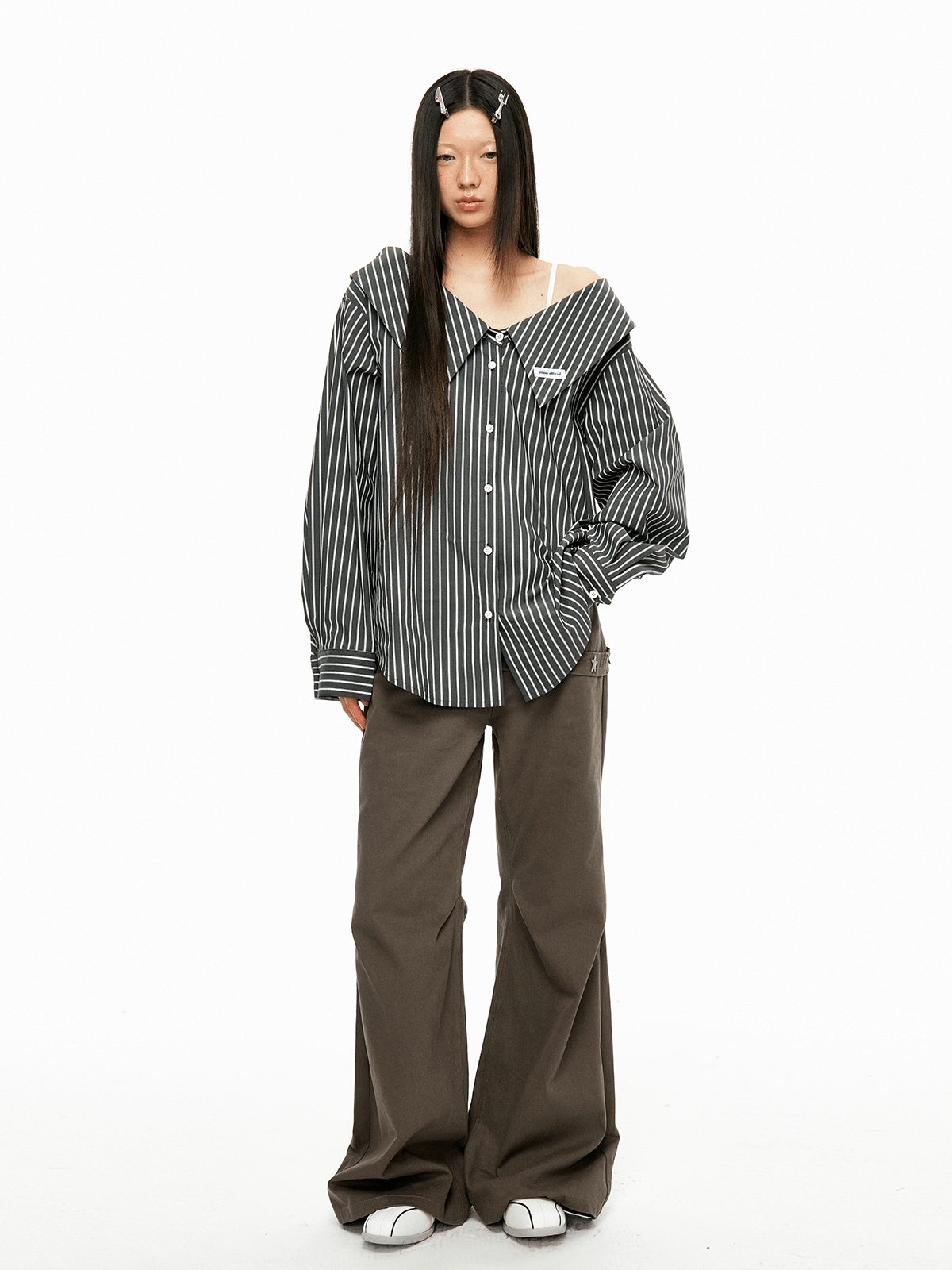 Detachable Off-Shoulder Striped Shirt