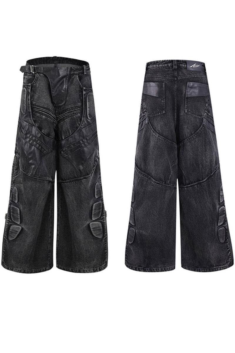 Washed Black PU Patchwork Jeans - My Store