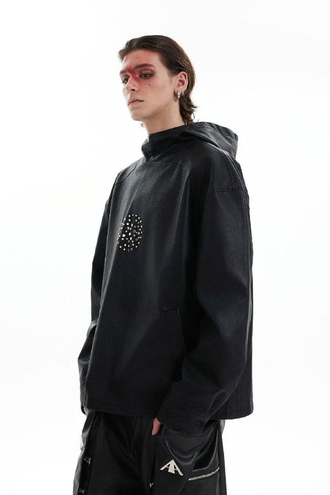 Studded Oversized PU Leather Punk Hoodie - My Store