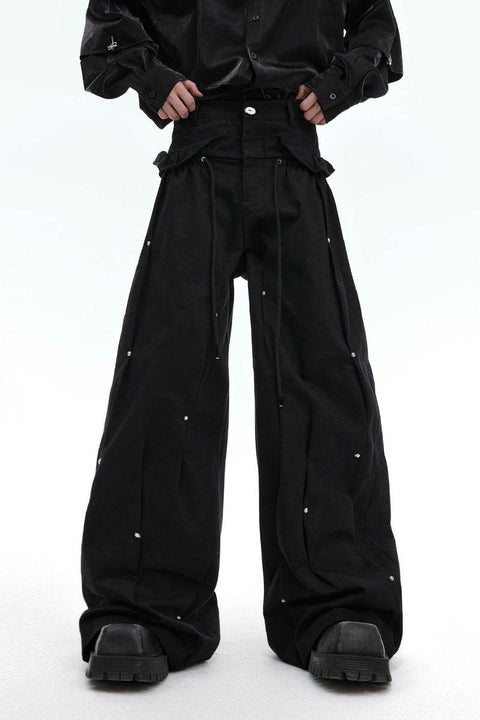 Pleated Studded Wide-Leg Cargo Pants - My Store