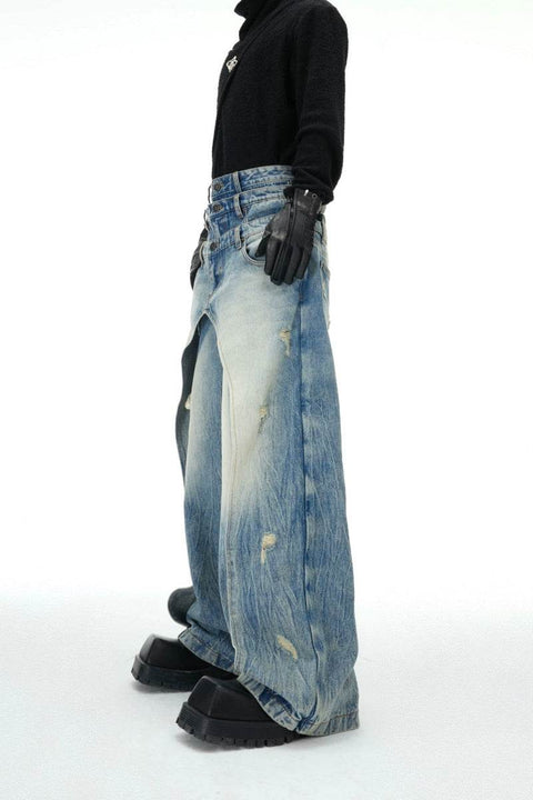 Layered Distressed Washed Blue Jeans - My Store