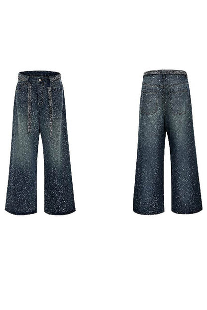 Starry Rhinestone Washed Wide-Leg Jeans - My Store