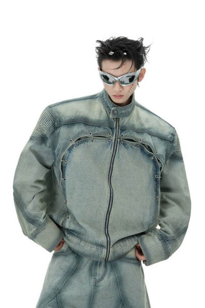 Vintage Washed Pierced Denim Jacket - My Store