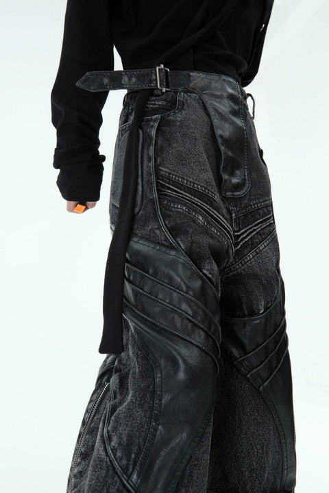 Washed Black PU Patchwork Jeans - My Store