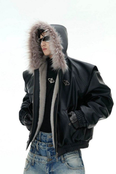 Reversible Faux Fur Hooded PU Jacket - My Store