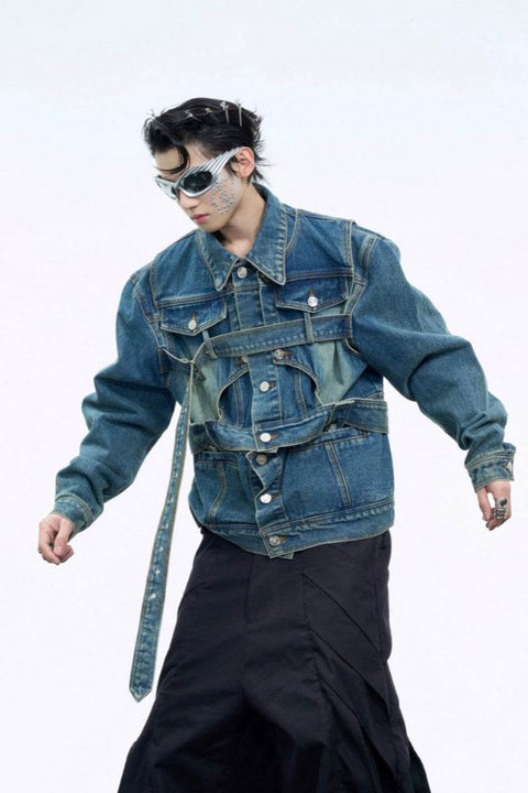 Washed Deconstructed Strap Denim Jacket - My Store