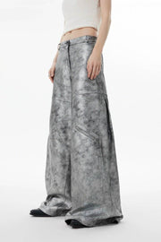 Textured Silver Wide-Leg Leather Pants - My Store