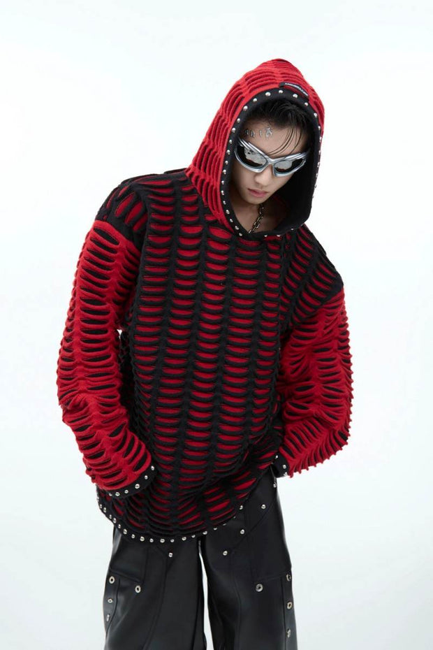 Distressed Patchwork Knit Hoodie with Metal Studs - My Store