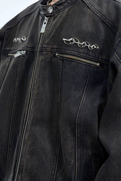 Vintage Waxed Denim Jacket with Metal Accents - My Store