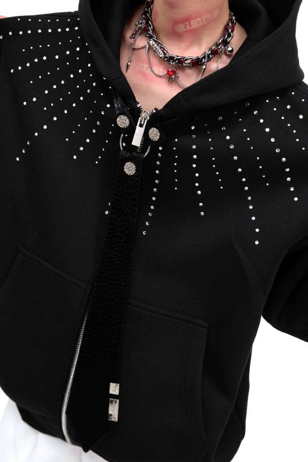 Detachable Tie Rhinestone Hooded Sweatshirt - My Store