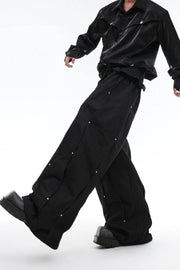 Pleated Studded Wide-Leg Cargo Pants - My Store