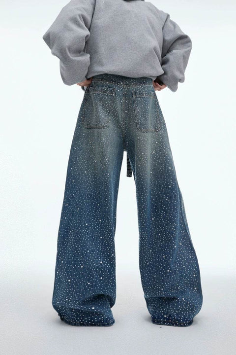 Starry Rhinestone Washed Wide-Leg Jeans - My Store