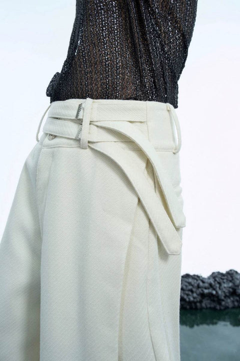 Double-Belt Wool Wide-Leg Trousers - My Store