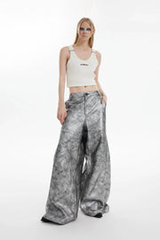 Textured Silver Wide-Leg Leather Pants - My Store