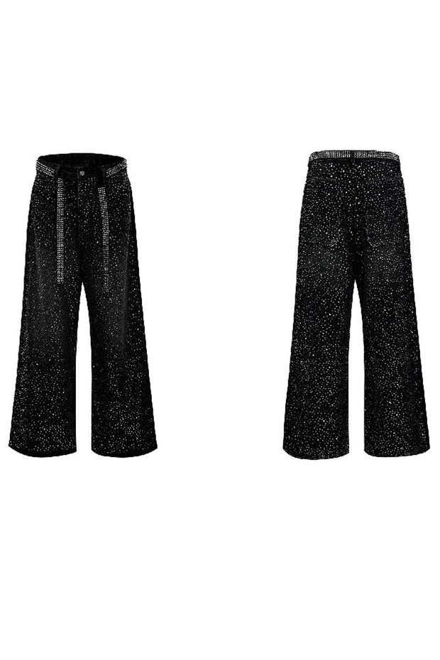 Starry Rhinestone Washed Wide-Leg Jeans - My Store