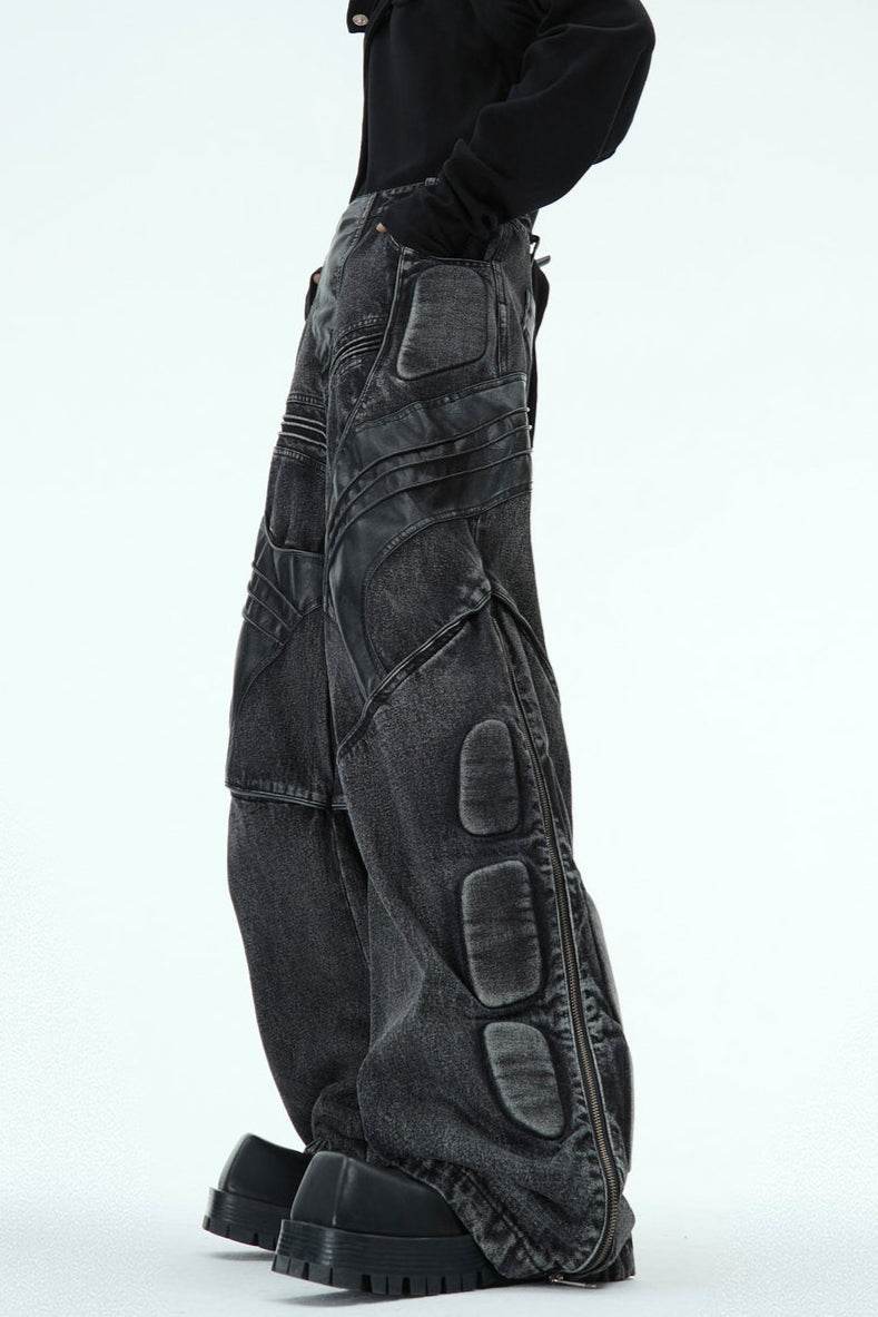 Washed Black PU Patchwork Jeans - My Store
