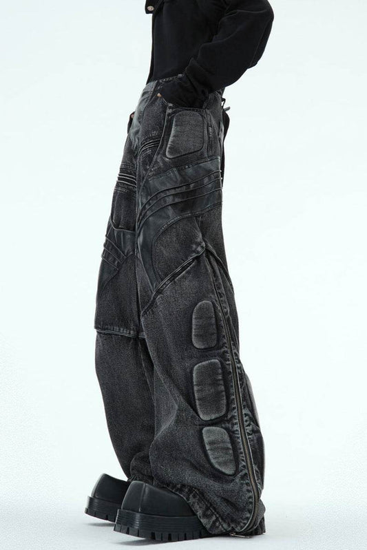 Washed Black PU Patchwork Jeans - My Store
