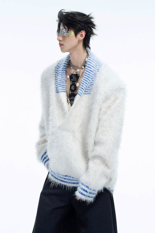 V-Neck Colorblock Fuzzy Knit Sweater - My Store