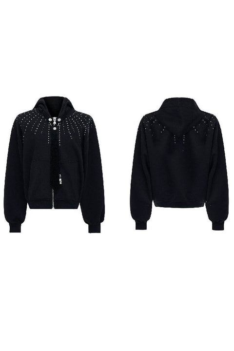 Detachable Tie Rhinestone Hooded Sweatshirt - My Store