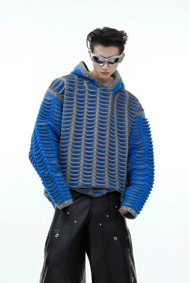 Distressed Patchwork Knit Hoodie with Metal Studs - My Store