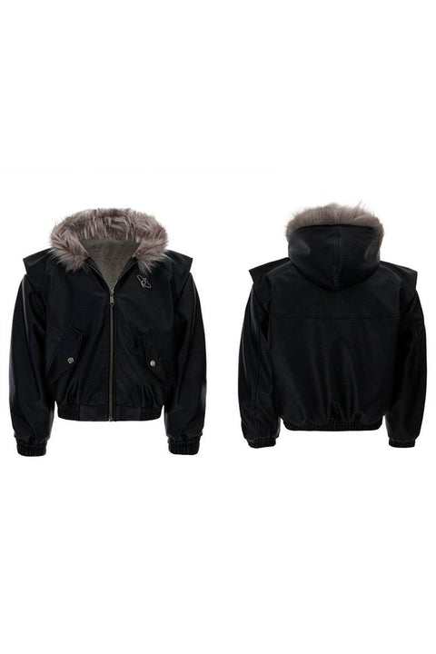 Reversible Faux Fur Hooded PU Jacket - My Store