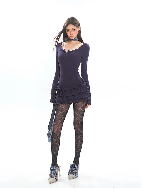 Tiered Ruffle Long Sleeve Mini Dress with Lace Trim