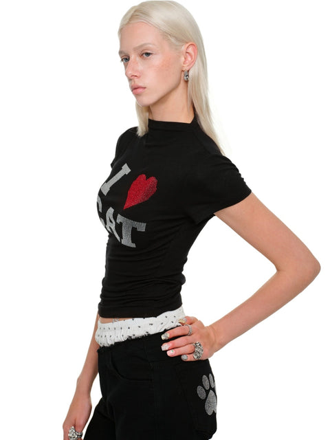 1Jinn Studio "I ♥ CAT" Rhinestone Fitted T-shirt