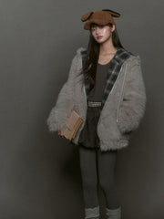 Fur Plaid Zip Up Coat