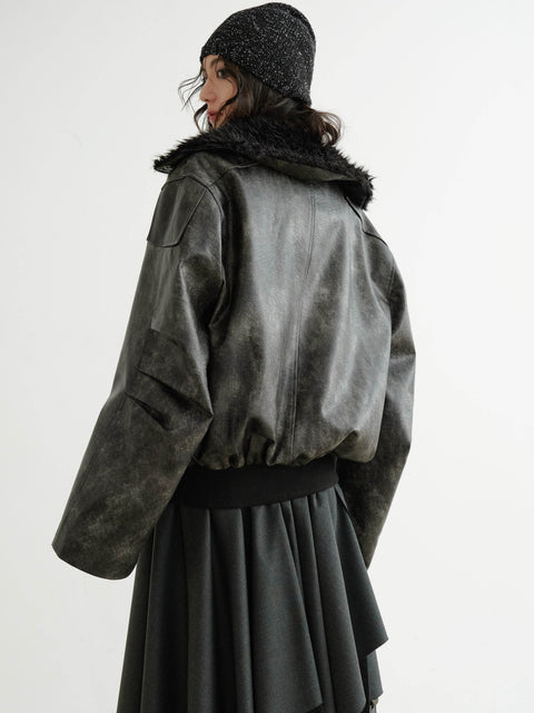 Edgy Faux Leather Fur Collar Rock Jacket - My Store