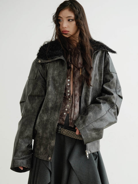 Edgy Faux Leather Fur Collar Rock Jacket - My Store