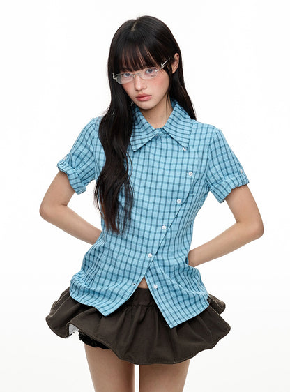 Diagonal Button Design Check Slim Shirt (5color)