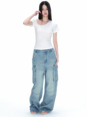 Multi-Pocket Wide Cargo Denim Pants